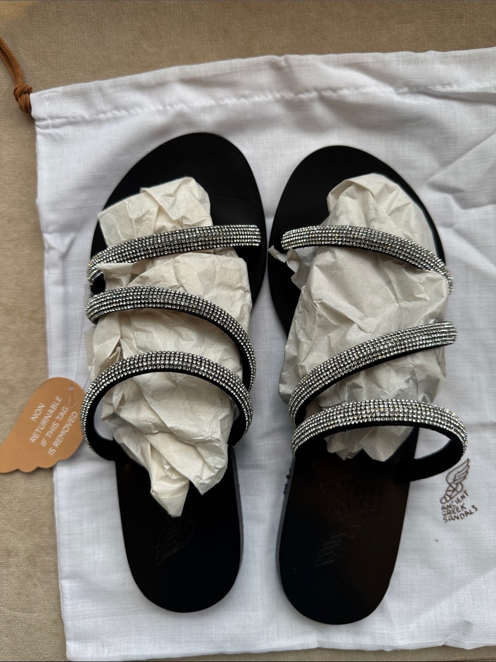 Ancient Greek Sandals Black Slides with Silver Crystal Straps